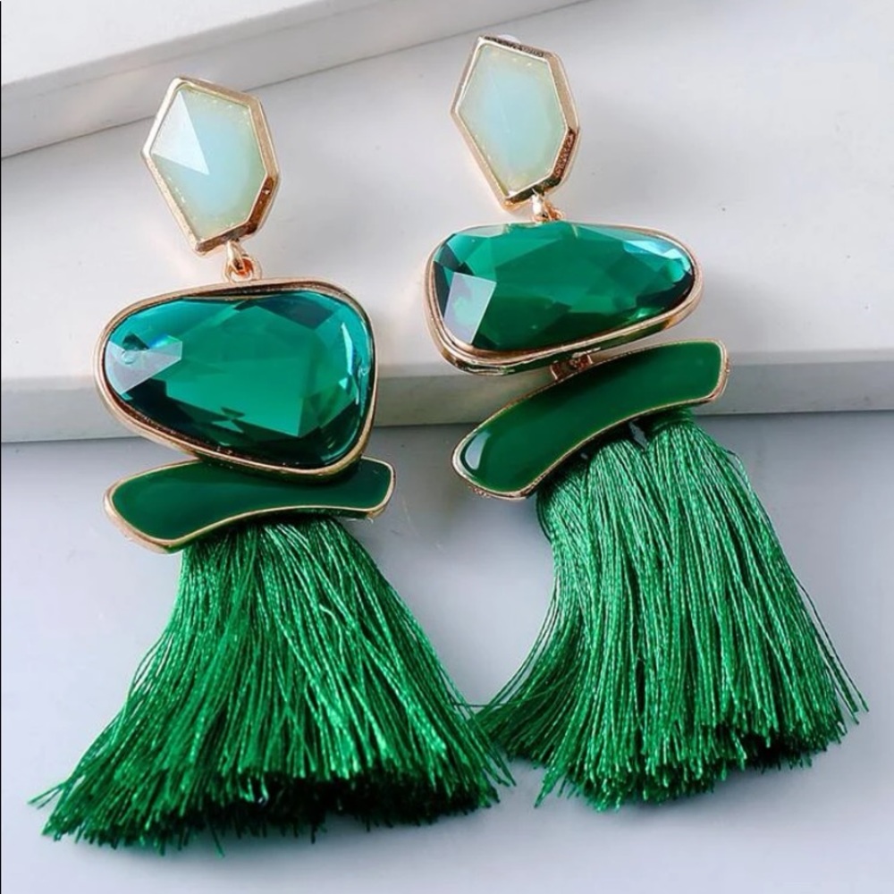 Green tassel drop earrings